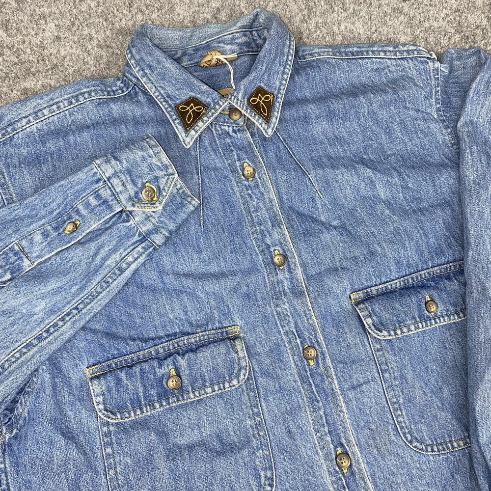 Ruff Hewn Denim Shirt Women's Medium Blue Embroidered Collar Western Button Up